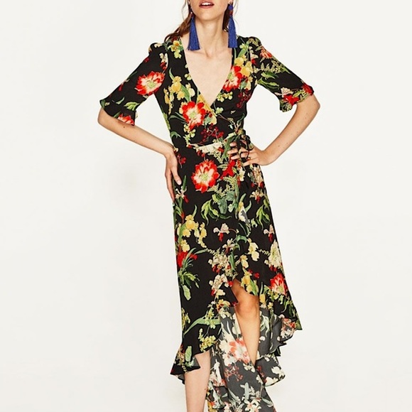 🚫SOLD🚫ZARA Floral Pattern Printed Wrap Ruffle Hi Low Maxi Dress Size Small - Picture 1 of 6